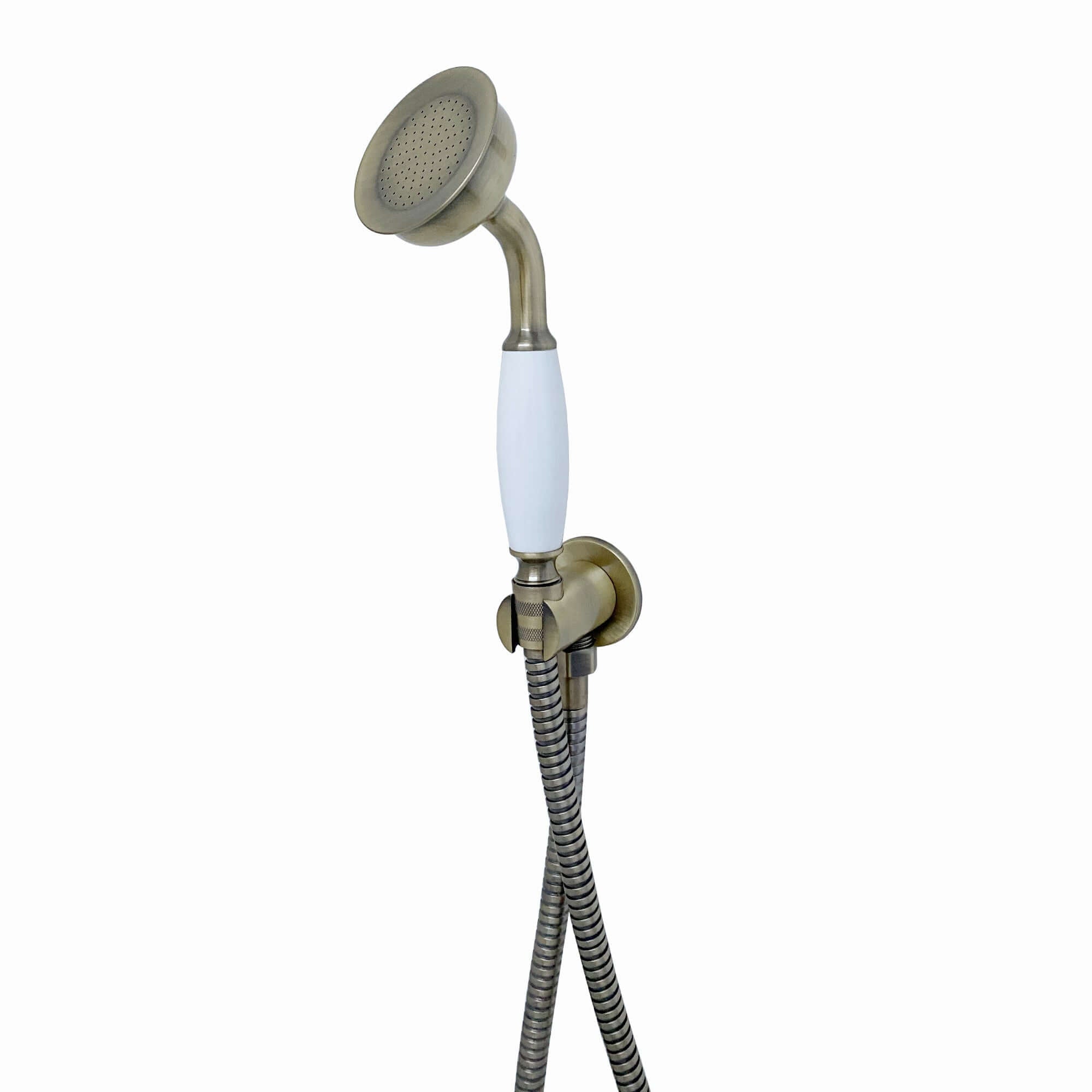 Buy Traditional Brass & White Ceramic Hand Shower Kit Incl. Hose And Wall Bracket With Outlet - Antique Brass Online UK | HOUSE OF ENKI